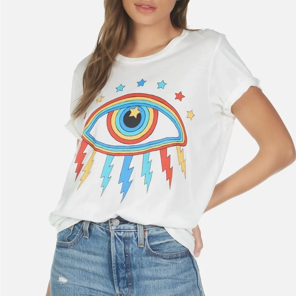 Lauren Moshi Wolf Rainbow Lightening Eye White Tee shirt Small - Picture 1 of 8